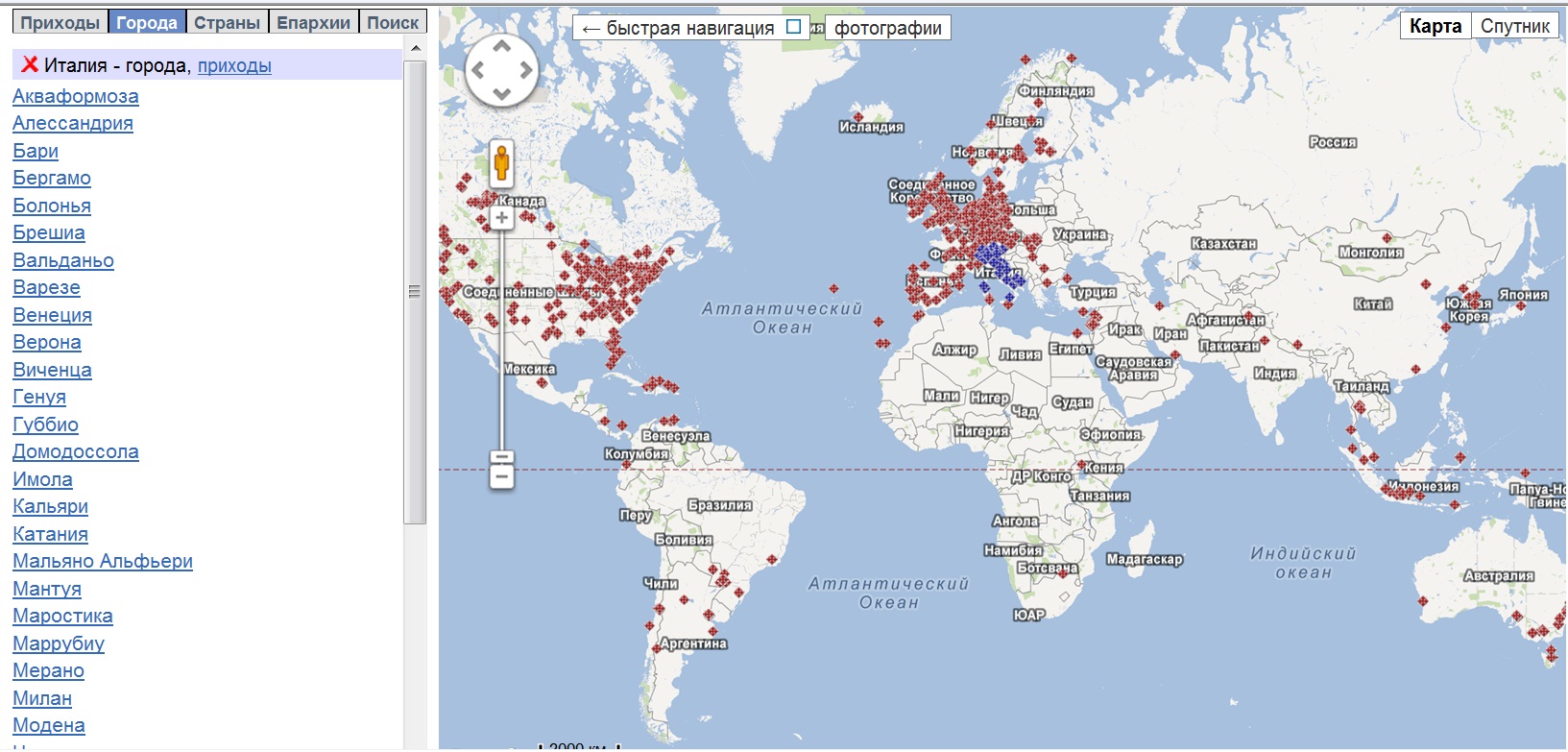 Mappa delle chiese ortodosse russe nel mondo